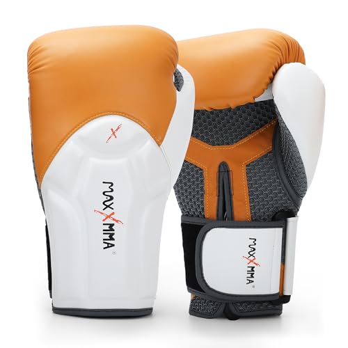 MaxxMMA Pro Style Boxing Gloves for Men & Women, Training Heavy Bag Workout Mitts Muay Thai Sparring Kickboxing Punching Bagwork Fight Gloves (10oz, White Gold) von MaxxMMA