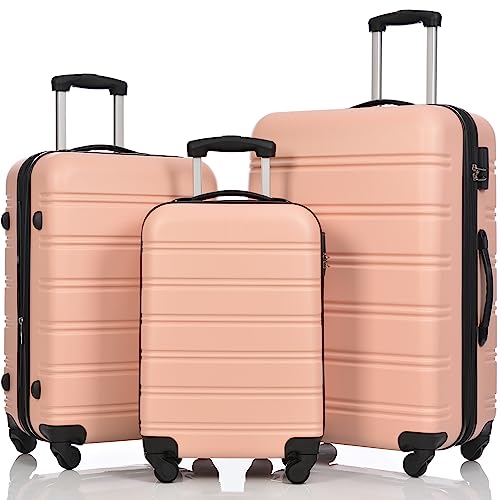 Merax Koffer Set 3 stück, Gepäck-Sets, Hartschalen-Koffer, ABS, leicht Reisekoffer, Handgepäck, erweiterbar, 4 Rollen, M-L-XL, Rosa von Merax