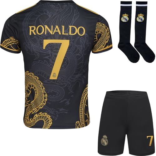 Mokiss R. Madrid Ronaldo #7 Kinder Trikot Fußball Spezielle Golddrachen-Edition, Shorts Socken Jugendgrößen (Schwarz,24) von Mokiss