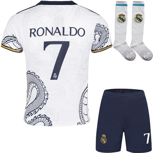 Mokiss R. Madrid Ronaldo #7 Kinder Trikot Fußball Spezielle Weißer Drache Edition, Shorts Socken Jugendgrößen (Weiß,28) von Mokiss