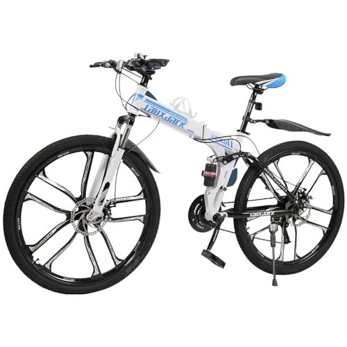 MooBeey 21 Gang-Schaltung Klappbar Mountainbike Kohlenstoffstahl, 26 Zoll Premium Mountainbike mit Doppelscheibenbremsen, Höhenverstellbar Klappfahrrad MTB Fahrrad (Blau + Weiß) von MooBeey