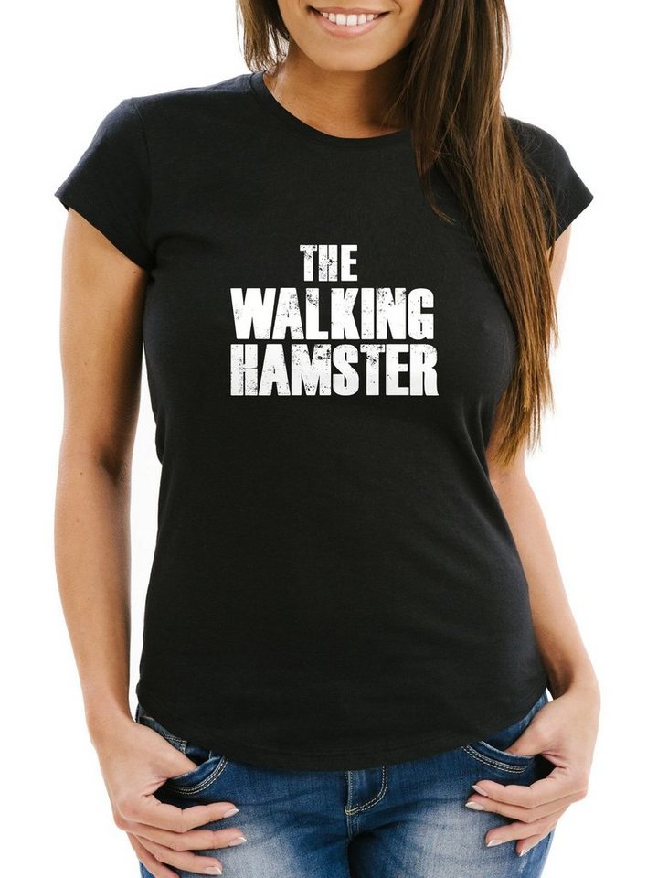MoonWorks Print-Shirt Damen T-Shirt The walking Hamster Serien Parodie Hamsterkäufe Vorräte hamstern Moonworks® mit Print von MoonWorks
