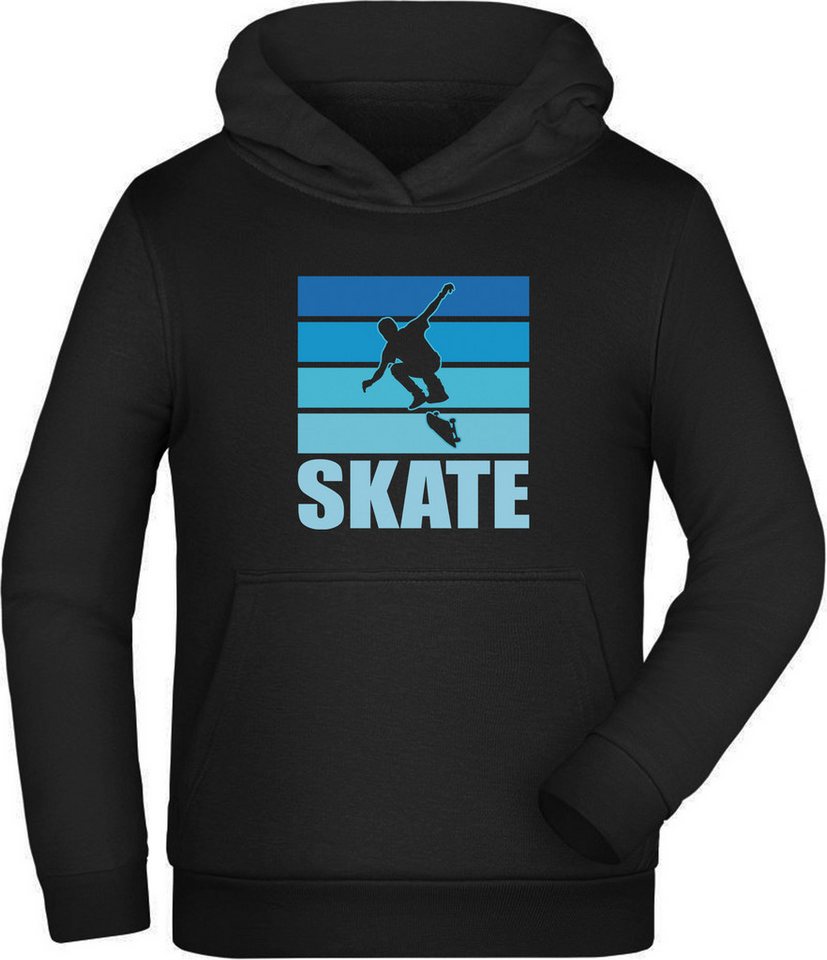 MyDesign24 Hoodie Kinder Kapuzensweater - Springender Skater vor blauem Grund Kapuzenpulli mit Aufdruck, i549 von MyDesign24