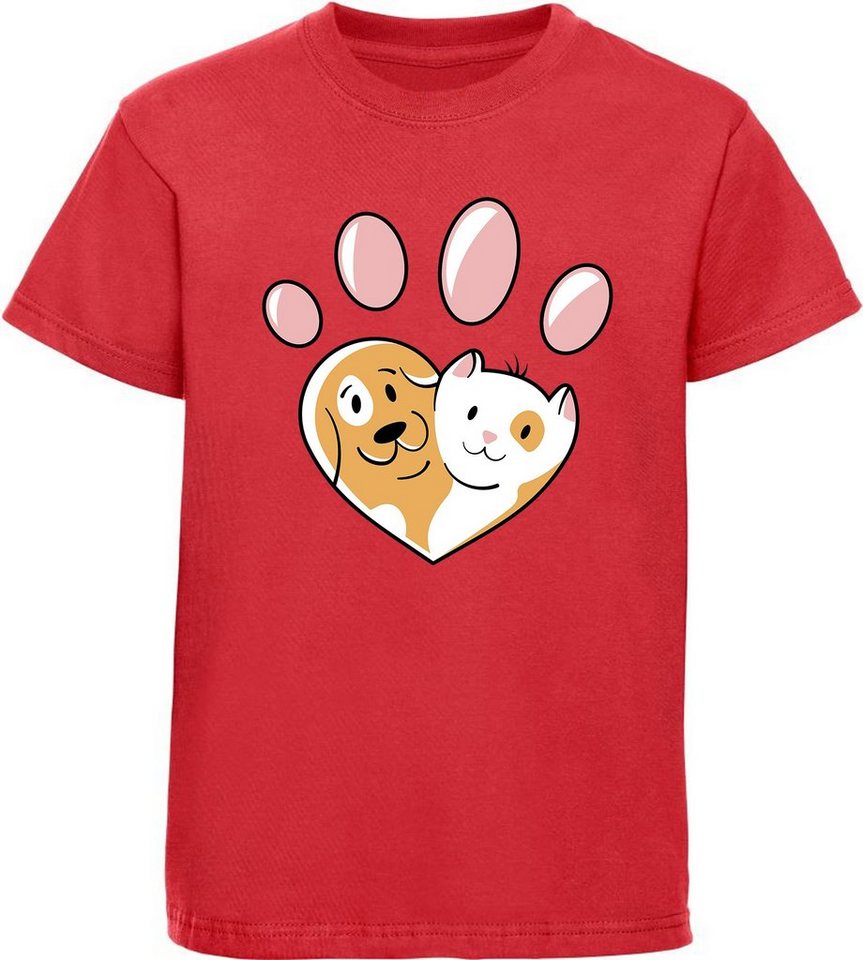 MyDesign24 Print-Shirt bedrucktes Kinder Hunde T-Shirt - Herz Pfote mit Hund und Katze Baumwollshirt mit Aufdruck, i223 von MyDesign24