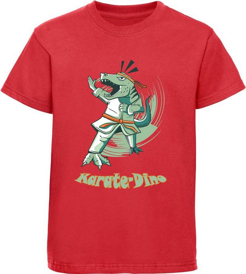 MyDesign24 Print-Shirt bedrucktes Kinder T-Shirt mit Karate Dino Baumwollshirt mit Dino, schwarz, weiß, rot, blau, i95 von MyDesign24