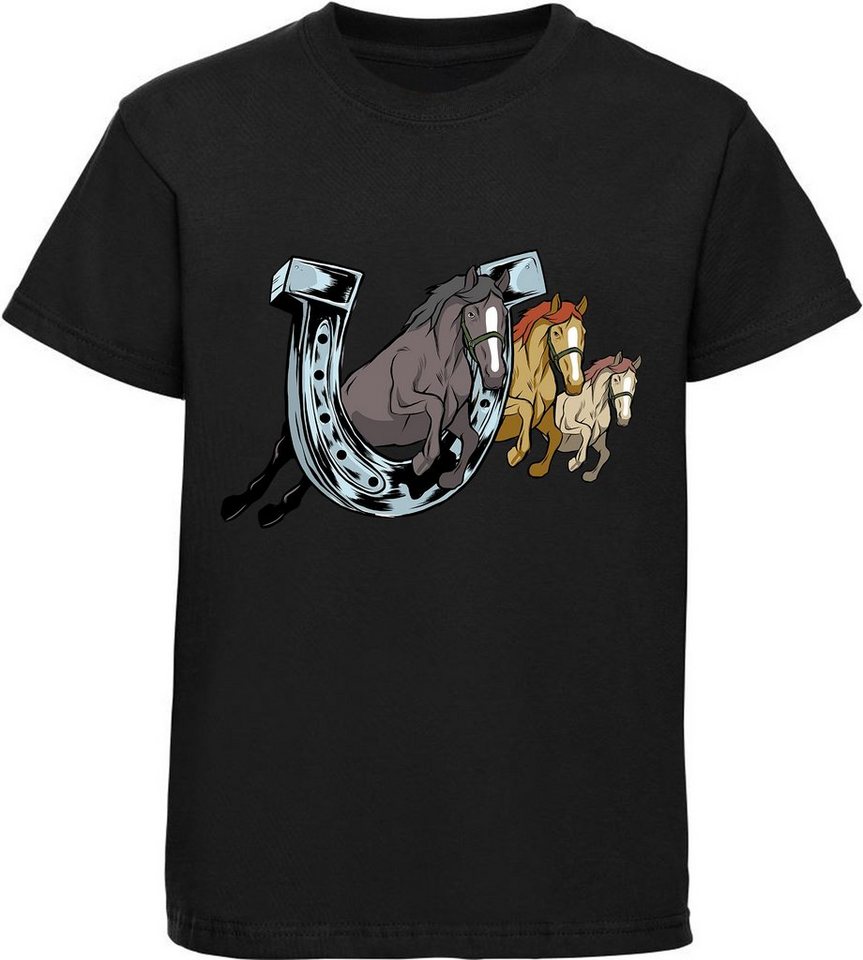MyDesign24 Print-Shirt bedrucktes Mädchen T-Shirt drei springende Pferde durch ein Hufeisen Baumwollshirt mit Aufdruck, i145 von MyDesign24
