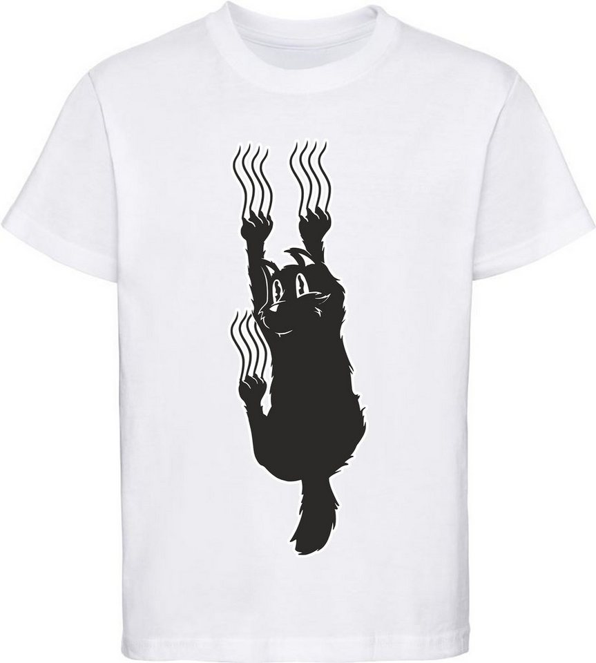 MyDesign24 Print-Shirt bedrucktes Mädchen T-Shirt eine schwarze Katze die rutscht Baumwollshirt mit Aufdruck, weiß, schwarz, rot, rosa, i117 von MyDesign24