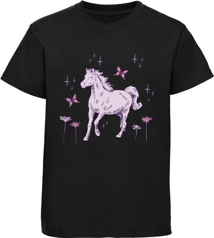 MyDesign24 Print-Shirt bedrucktes Mädchen T-Shirt galoppierendes Pferd und Blumen Baumwollshirt mit Aufdruck, i144 von MyDesign24