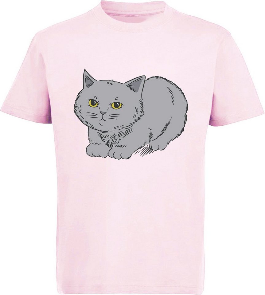 MyDesign24 Print-Shirt bedrucktes Mädchen T-Shirt mit niedlicher grauen Katze Baumwollshirt mit Katze, weiß, schwarz, rot, rosa, i107 von MyDesign24