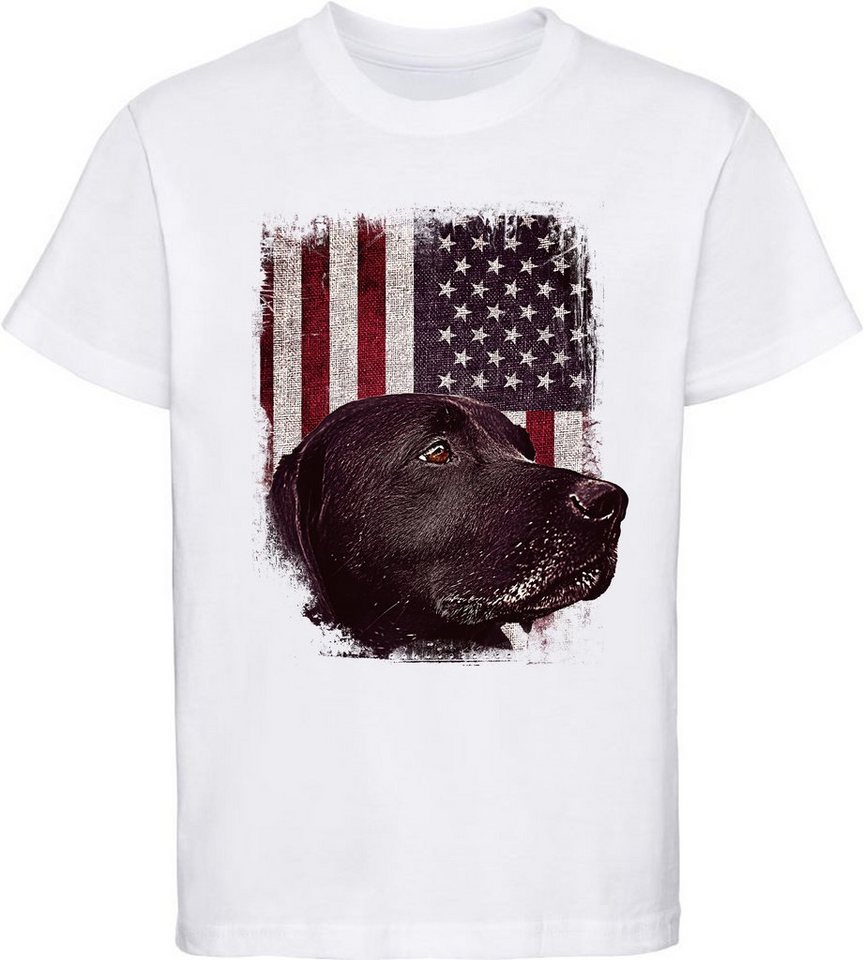 MyDesign24 T-Shirt Kinder Hunde Print Shirt bedruckt - schwarzer Labrador vor USA Flagge Baumwollshirt mit Aufdruck, i246 von MyDesign24