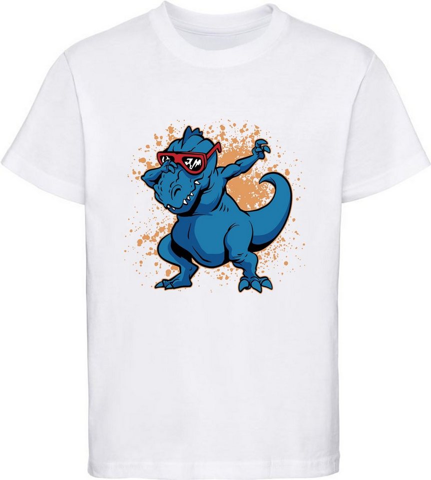 MyDesign24 T-Shirt bedrucktes Kinder T-Shirt T-Rex mit Brille am tanzen 100% Baumwolle mit Dino Aufdruck, weiss i49 von MyDesign24
