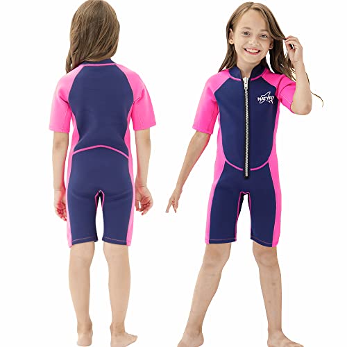 NATYFLY Kids Shorty Neoprenanzug 2.5mm Kinder Neopren Thermal Badeanzug UV-Schutz Badeanzüge für Mädchen Jungen One Piece WetSuits (Rosa, 4 Jahre) von NATYFLY
