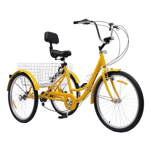 NIGORIY 24 Zoll Dreirad für Erwachsene, 7-Gang-Fahrrad Faltbares, 3-Rad Fahrräder Tragfähigkeit 140kg, mit LED Licht und Wasserbecherhalter (Gelb) von NIGORIY