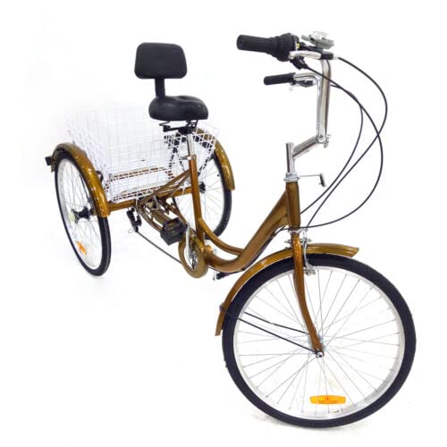 NIGORIY Dreirad für Erwachsene, 6-Gang Tricycle, Dreirad Erwachsene 24 Zoll mit Korb Rückenlehne, 3 Räder Fahrrad Reflektierende Streifen, Dreiräder for Adults (Gold) von NIGORIY