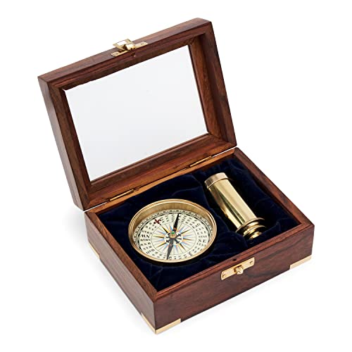 NKlaus Marine-Set Kompass und Teleskop aus Messing in der Holzbox mit Glasdeckel 11685 von NKlaus