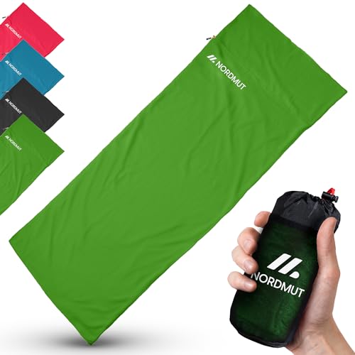 NORDMUT® Hüttenschlafsack [aus Mikrofaser] mit durchgängigem Reißverschluss | Reiseschlafsack Sommerschlafsack [220 x 90 cm] kleines Packmaß & besonders weich [grün] von NORDMUT