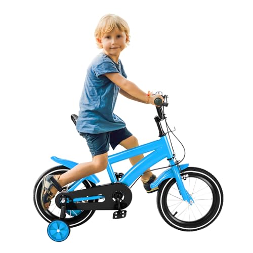 NaMaSyo 14 Zoll Kinderfahrrad mit Stützrädern Fahrrad Jungen Mädchen Kinder Fahrrad für ab 3-6 Jahre Fahrräder Kinderrad Ausbildungsfahrzeuge Höhe Einstellen (Blau) von NaMaSyo