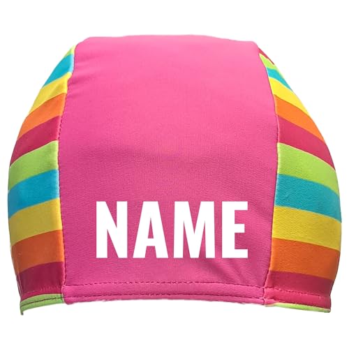 Kinder Badekappe Multicolor mit Namen Bedruckt | Schwimmkappe Badehaube Schwimmhaube mit Name (Pink - Streifen) von Nashville print factory