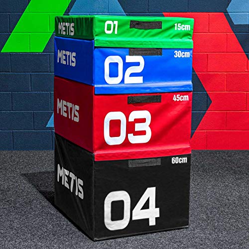 METIS Plyo Box Set | Stapelbare Plyo Boxen - Heimtraining & im Fitnessstudio | Hochwertige Soft Foam Jump Box | 15cm/30cm/45cm/60cm/Set von 4 (Komplettes Set) von METIS