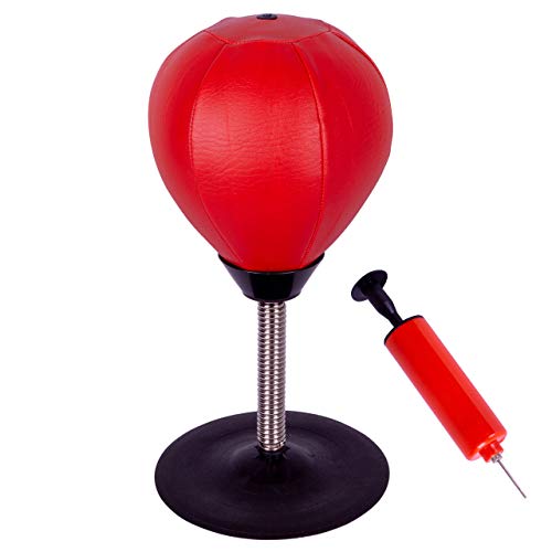 Punching-Ball-Set Boxbirne Tisch-Boxsack Mini-Boxball Kunstleder Rot mit Stahlfeder, Saugnapf und Luftpumpe Schlagbirne Gadget Anti-Frust von Nexos Trading