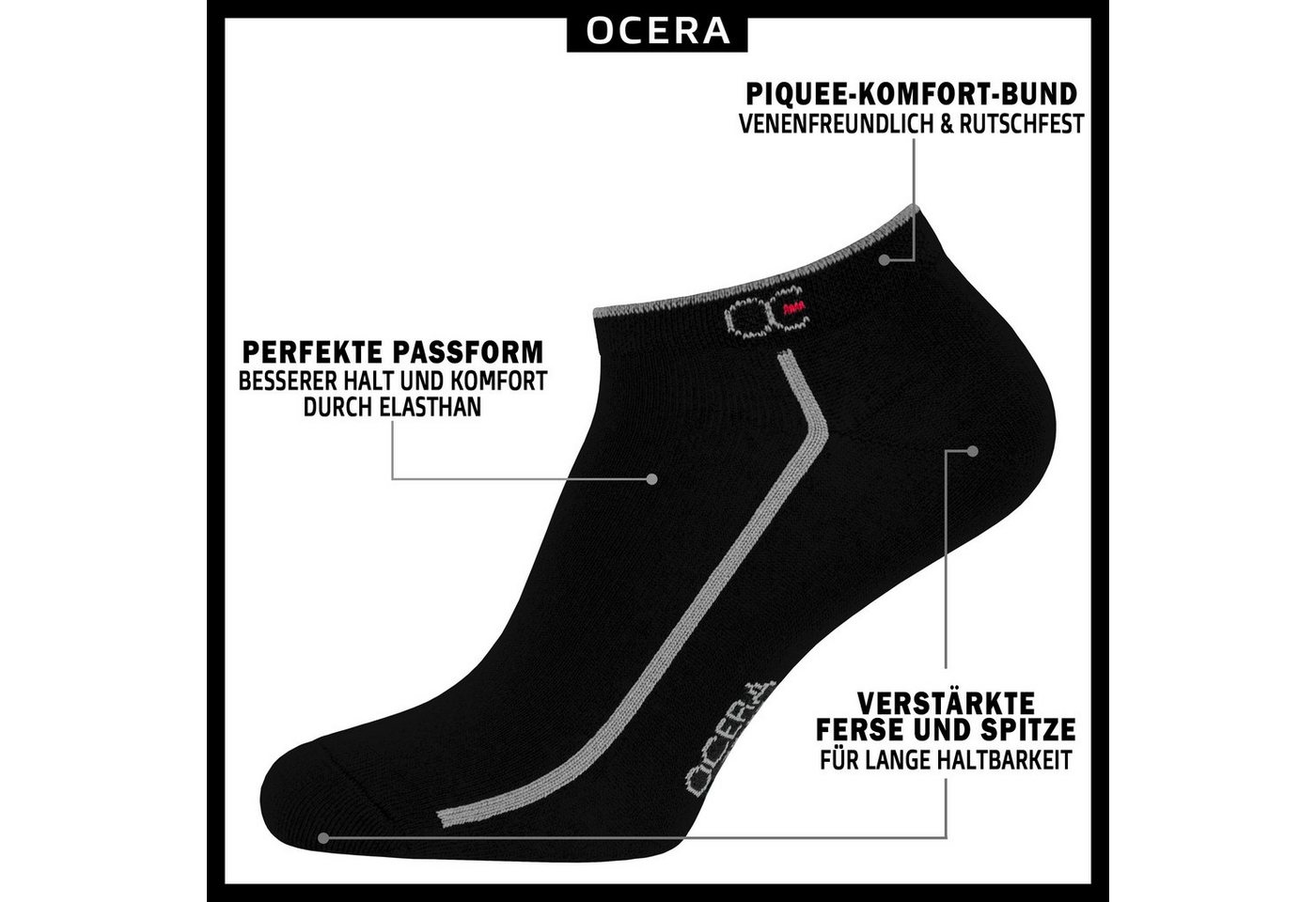 OCERA Sneakersocken Schwarze Sneaker Unisex mit stylischen, grauen Streifen in Gr. 47-50 von OCERA