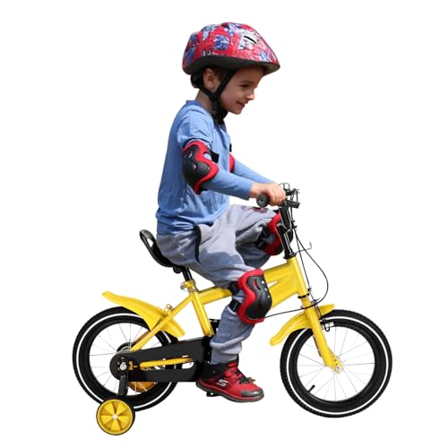 OMGGYER Kinderfahrrad 14 Zoll Fahrrad Kinder ab 2-4 Jahre Für Jungen & Mädchen, Kinder Fahrrad Höhenverstellbar mit Abnehmbare Stützräder, Rücktrittbremse und Kettenabdeckung (Gelb) von OMGGYER