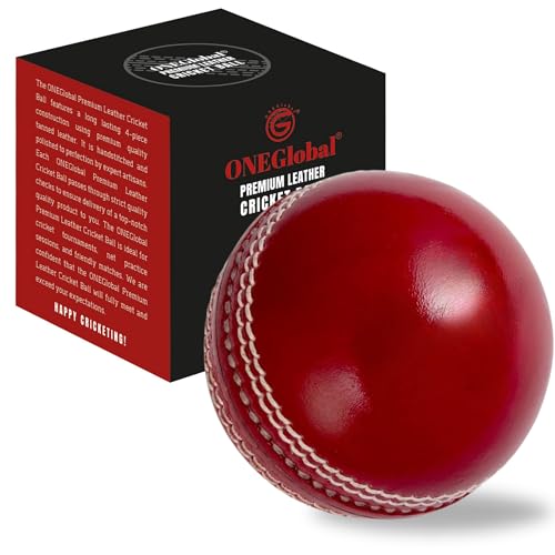 ONEGlobal Premium-Leder-Cricketball mit 100 % handgenähter Naht,156 G Matchball, 4-teilige Konstruktion und hochwertigem, gegerbtem Leder,ideal für Liga-Spiele, Turniere, Net-Übung (1 Packung, rot) von ONEGlobal