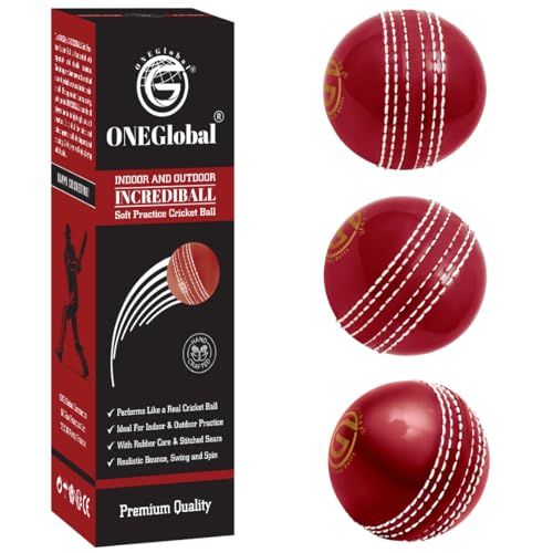 ONEGlobal Soft & Safe Practice Cricket Ball | Weicher & Sicherer Gummi-Cricketball zum Üben | Mit Echter Naht & Kern für Hüpfen & Schwingen | Ideal für Selbstvertrauen & Streichhölzer (3-Rot) von ONEGlobal