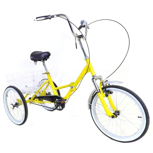 OUBUBY Dreirad für Erwachsene 20 Zoll, Adult Klappdreirad EIN Gang Dreirad mit Einkaufskorb Tricycle City Tricycle Höhenverstellbar für ältere Menschen Reiten (Gelb) von OUBUBY