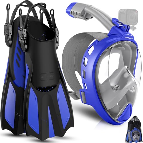 Odoland Tauchmaske Erwachsene Schnorchelmaske 5 IN 1 mit Flossen Verstellbar Vollgesichtsmaske mit 180°Panaromasichtfeld Antibeschlagschutz und Anti-Leck Technologie mit Handyhülle Blau M von Odoland