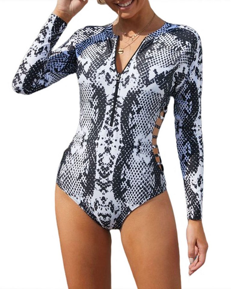 Orient Phoenix Monokini Damen Badeanzug grau, mit Reißverschluss vorne bedruckt shaping-effekt Langärmlig, Surf, Schwimmanzug,schwarz mädchen Grosse Grössen von Orient Phoenix