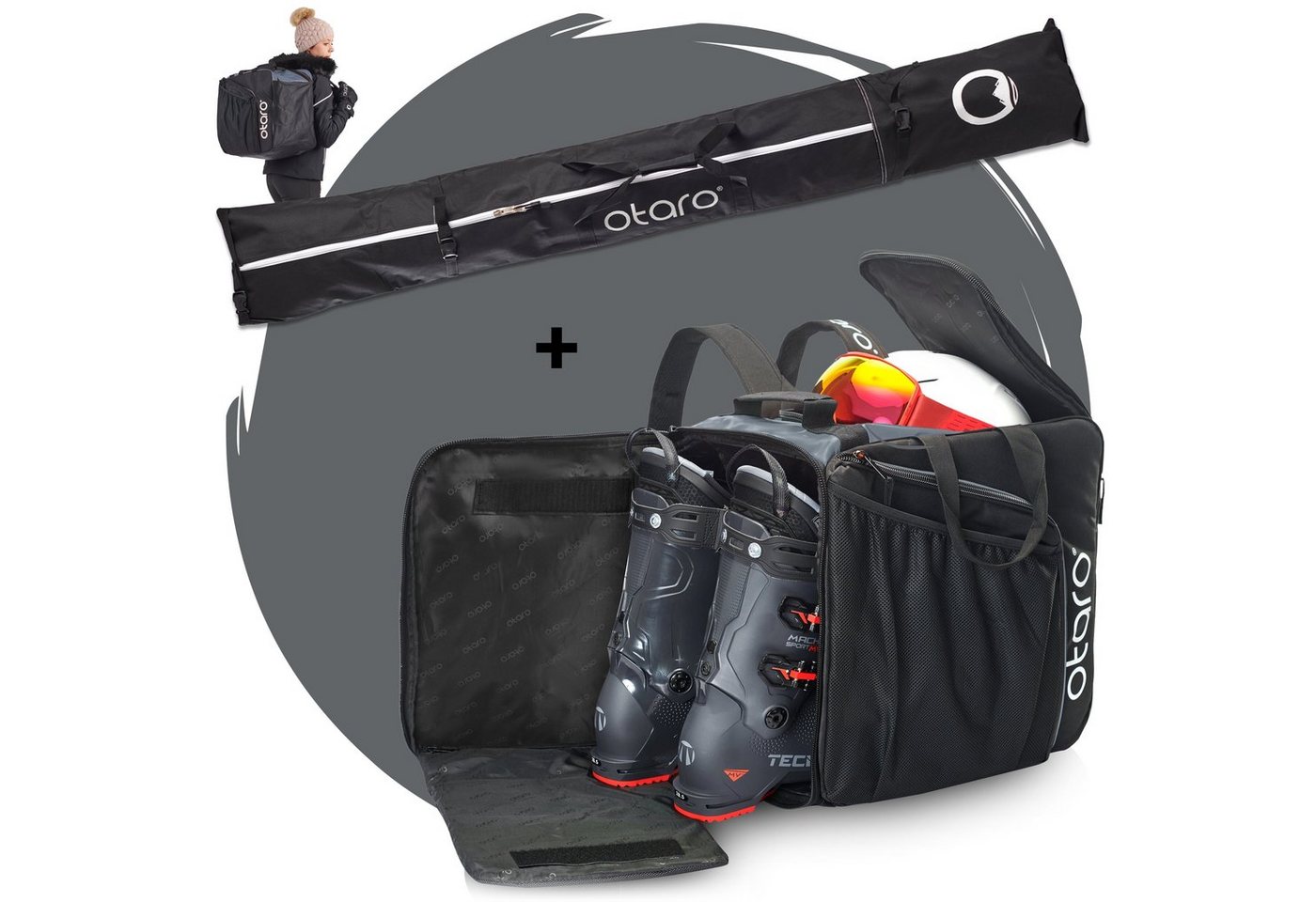 Otaro Sporttasche Set: Skischuhtasche & Skitasche, Pro-Set für 1 Paar Ski (Schutz für deine Ausrüstung, Perfekt durchdacht, ausklappbare Standfläche, für 1 Paar Ski + Stöcke) von Otaro