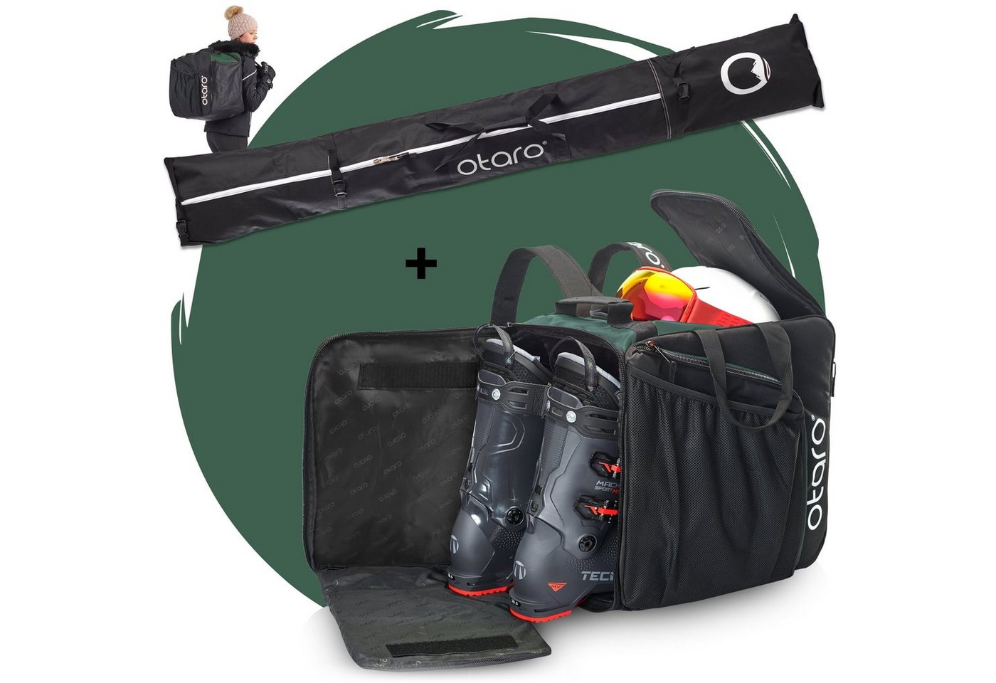 Otaro Sporttasche Set: Skischuhtasche & Skitasche, Pro-Set für 1 Paar Ski (Schutz für deine Ausrüstung, für 1 Paar Ski + Stöcke, Perfekt durchdacht, ausklappbare Standfläche) von Otaro