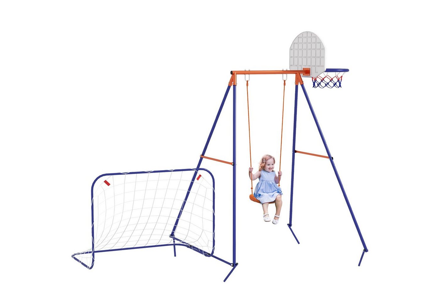 Outsunny Einzelschaukel Kinderschaukel mit Fußballtor, Basketballkorb, (Schaukel-Set, 1-tlg., Gartenschaukel), für Kinder 3-8 Jahre, Stahl, Dunkelblau von Outsunny