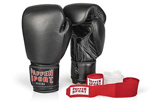 PAFFEN SPORT «Advanced» Box-Bundle, «KIBO Fight» Boxhandschuhe, schwarz, 14UZ.; «Allround» Bandage rot, 3,5 m; «Allround» Zahnschutz, transparent, ohne Mint von PAFFEN SPORT