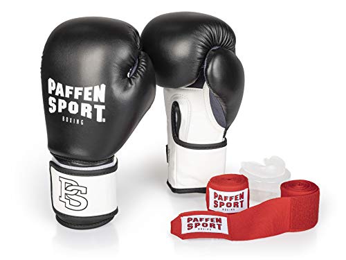 PAFFEN SPORT «Starter» Box-Bundle, «FIT» Boxhandschuhe, schwarz/weiß, 14UZ.; «Allround» Bandage rot, 3,5 m; «Allround» Zahnschutz, transparent, ohne Mint von PAFFEN SPORT