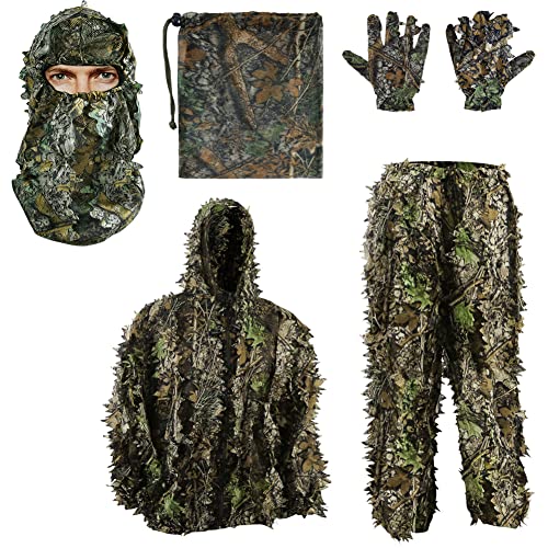 PELLOR 3D Ghillie Tarnanzug, Dschungel Ghillie Suit Woodland Camouflage Anzug Kleidung mit Camouflage Kappen Handschuhe für Jagd Verdeckt Halloween,6-teilig von PELLOR