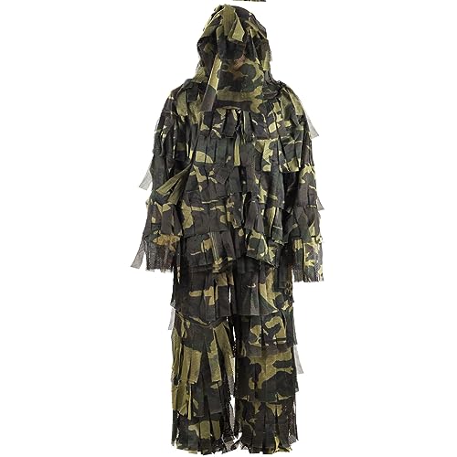 PELLOR 3D Ghillie Tarnanzug mit Kapuze, Netzstoff Dschungel Ghillie Suit Woodland Camouflage Anzug Kleidung mit Camouflage Hut für Jagd Verdeckt Halloween von PELLOR