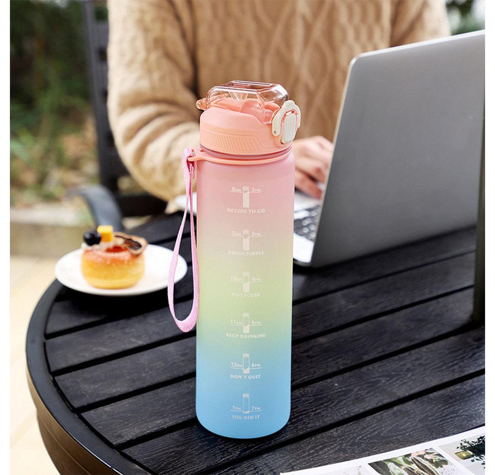 PFCTART Trinkflasche 1-Liter-Sport-Wasserflasche mit Strohhalm und Zeitmarkierung, BPA-frei, geeignet für Fitness / Radfahren / Camping / Laufen von PFCTART