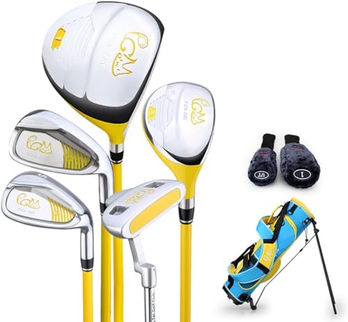 PGM Golf Club Komplettset, 5 Golfschläger mit Standtasche und 2 Schlägerhauben, rechte Hand, Gelb von PGM