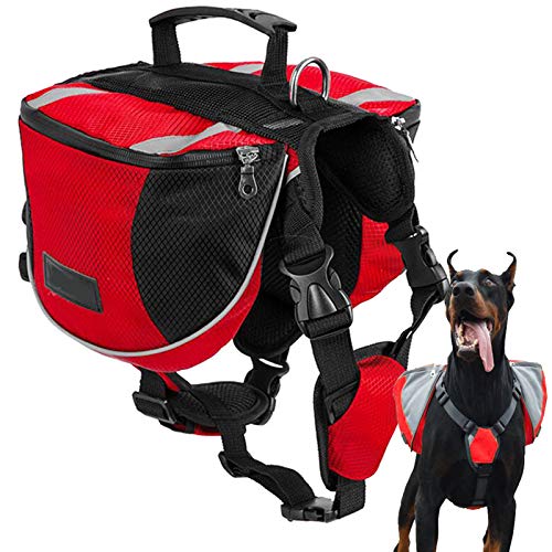 PJDDP Hunderucksack Hundetasche Hund Packtaschen Doppeltasche Satteltasche Für Hound Travel Outdoor Hund Rucksack Reflektierende Verstellbarer Hundegeschirrtasche Für Mittlere Und Große Hund,Rot,M von PJDDP