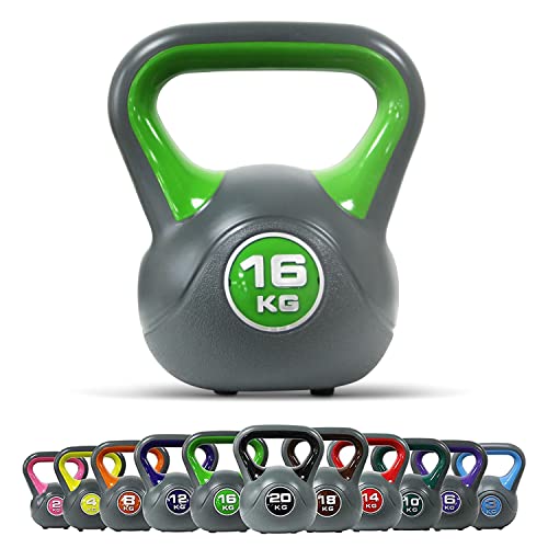 Kettlebell Kunststoff 2-20 kg inkl. Workout I Kugelhantel in versch. Farben und Gewichten I Bodenschonende Schwunghantel (16 kg - Hellgrün) von POWRX