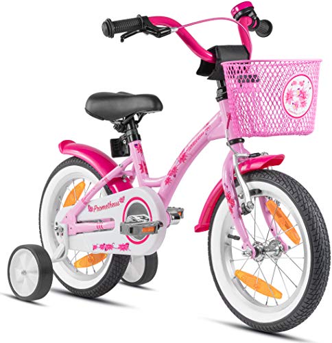 PROMETHEUS BICYCLES Kinderfahrrad ab 4 Jahren - Mädchenfahrrad 14 Zoll Kinder Fahrrad Mädchen Fahrrad Kinder mit Stützräder Rücktrittbremse in Rosa von PROMETHEUS BICYCLES