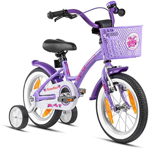 PROMETHEUS BICYCLES Kinderfahrrad ab 4 Jahren - Mädchenfahrrad 14 Zoll Kinder Fahrrad Mädchen Fahrrad Kinder mit Stützräder Rücktrittbremse in Violett Lila von PROMETHEUS BICYCLES