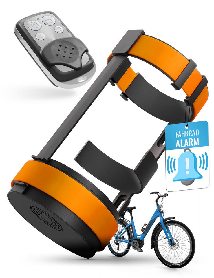 Parkwächter Fahrradalarm mit Universal Flaschenhalter Fahrrad-Alarmanlage (Wasserfeste Fahrradhalterung in Orange) von Parkwächter