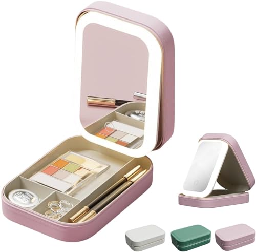 Integrierte Make-up-Aufbewahrungsbox mit Lichtfüllspiegel, ergänzende LED-Kosmetiktasche, 3 Farbmodi, Make-up-Tasche, tragbare Kosmetik-Aufbewahrungstasche, Reise-Make-up-Tasche mit LED-Spiegel, rose, von Pelinuar