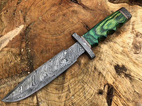 Perkin Knives Damastmesser Jagdmesser mit Scheide - Jagdmesser Bowie (Grüner Holzgriff und Damast) von Perkin