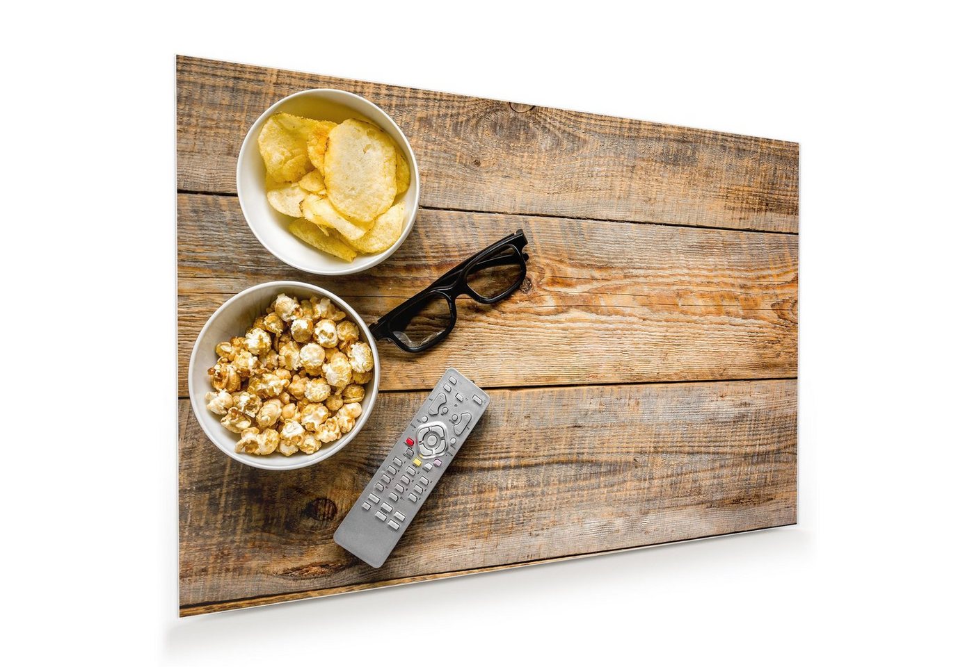Primedeco Glasbild Wandbild Snacks und Sonnenbrille mit Aufhängung, Speisen von Primedeco