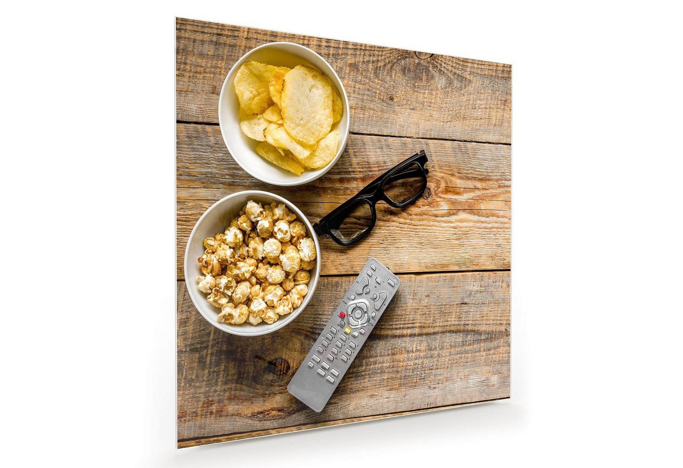 Primedeco Glasbild Wandbild Quadratisch Snacks und Sonnenbrille mit Aufhängung, Speisen von Primedeco