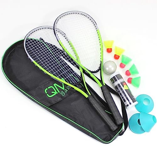 QMBasic Speed Badminton Set + 5 Speed Balls | Beach Turbo Federball Schläger Highspeed Erwachsene | mit Spielfeld Begrenzung Hütchen von QMBasic